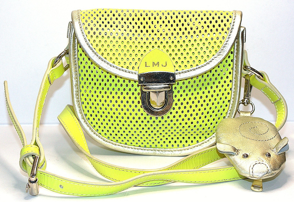 Little Marc Jacobs Neon Yellow Leather Crossbody Silver Trim Mouse Coin Purse